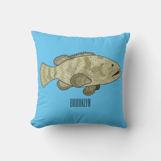 Grouper fish cartoon illustration throw pillow (Front)
