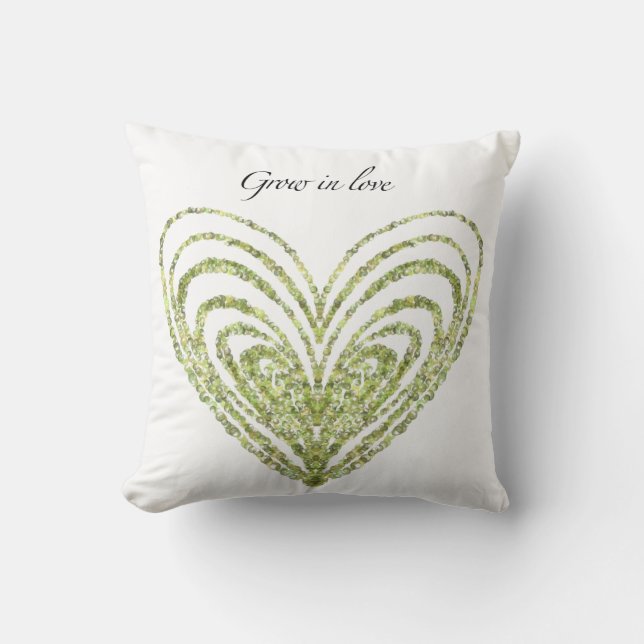 Grow in love  accent pillow with green hearts. (Front)