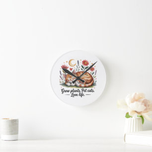 Grow Plants Pet Cats Love Life Cute Gardening Round Clock