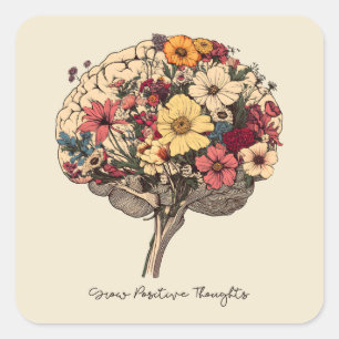 Grow Positive Thoughts Brain Floral Style T-Shirt Square Sticker