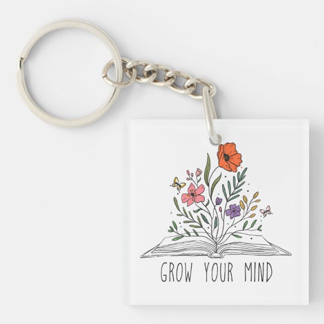 Grow Your Mind Boho Wildflower and Book Keychain (Front)