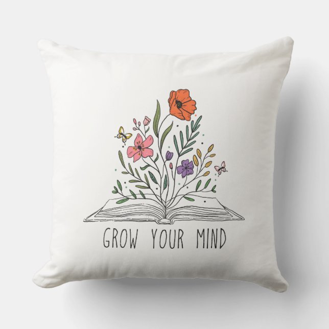 Grow Your Mind Boho Wildflower and Book Throw Pillow (Front)