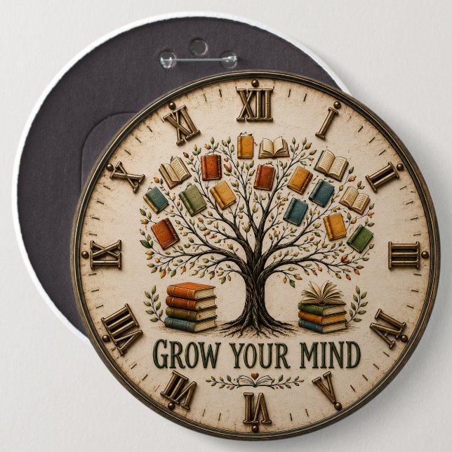Grow Your Mind Book  Reading Teacher Gift 6 Inch Round Button (Front & Back)