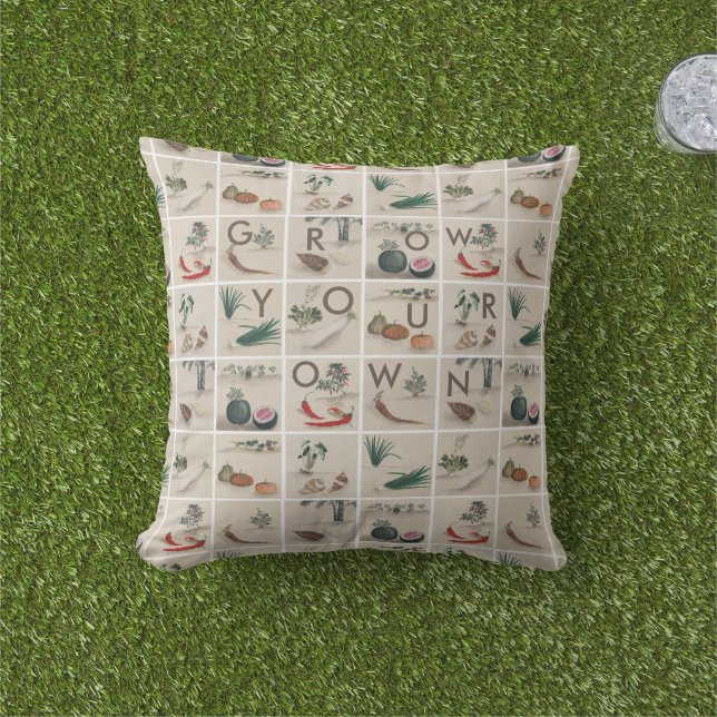 Grow Your Own Vegetables Tile Pattern Outdoor Pillow (Grass)