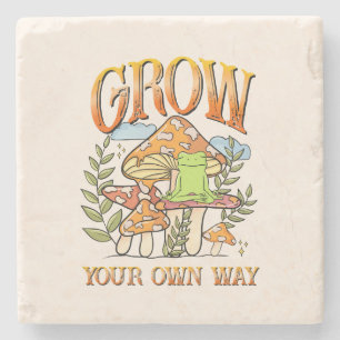 "Grow Your Own Way"   Meditating Frog & Mushroom Stone Coaster