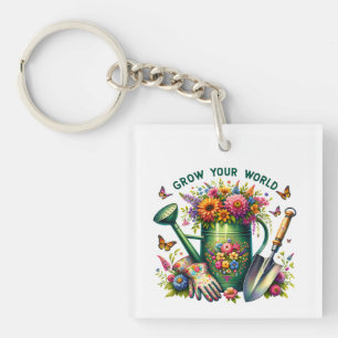 Grow Your World Floral Garden Design Keychain