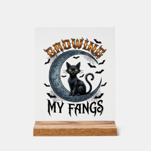 Growing Fangs Black Cat Crescent Moon Bats Hallowe Acrylic Sign