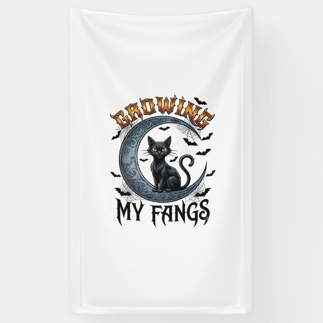 Growing Fangs Black Cat Crescent Moon Bats Hallowe Banner (Vertical)