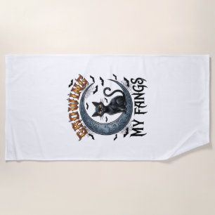Growing Fangs Black Cat Crescent Moon Bats Hallowe Beach Towel