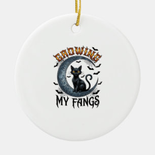 Growing Fangs Black Cat Crescent Moon Bats Hallowe Ceramic Ornament