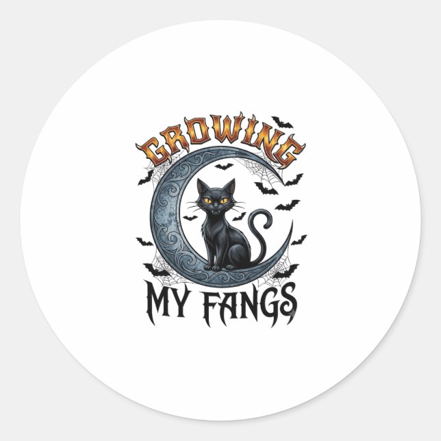 Growing Fangs Black Cat Crescent Moon Bats Hallowe Classic Round Sticker (Front)