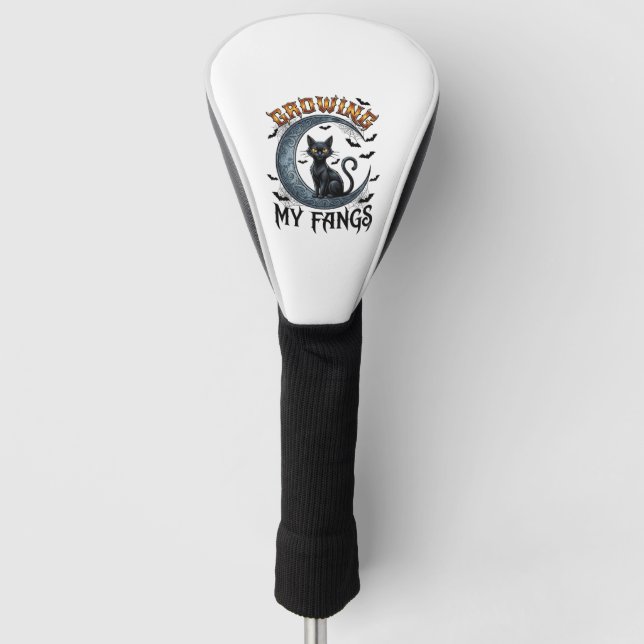 Growing Fangs Black Cat Crescent Moon Bats Hallowe Golf Head Cover (Front)