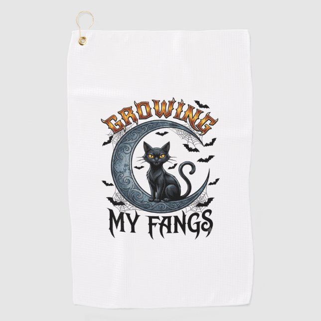 Growing Fangs Black Cat Crescent Moon Bats Hallowe Golf Towel (Front)