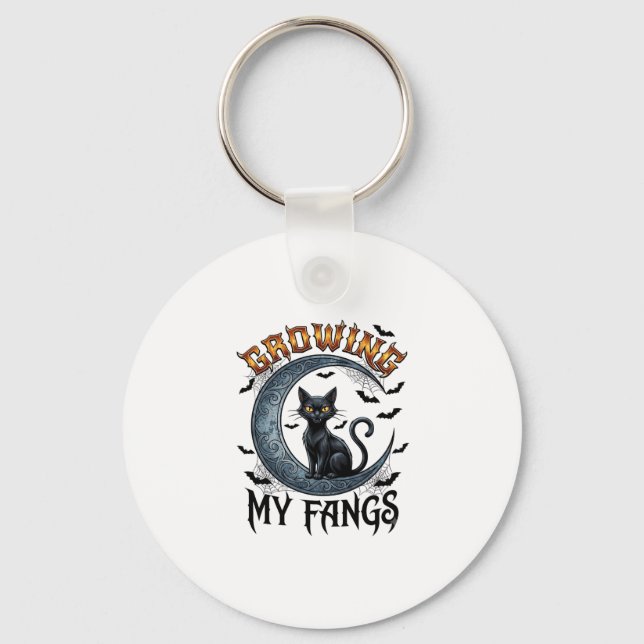 Growing Fangs Black Cat Crescent Moon Bats Hallowe Keychain (Front)