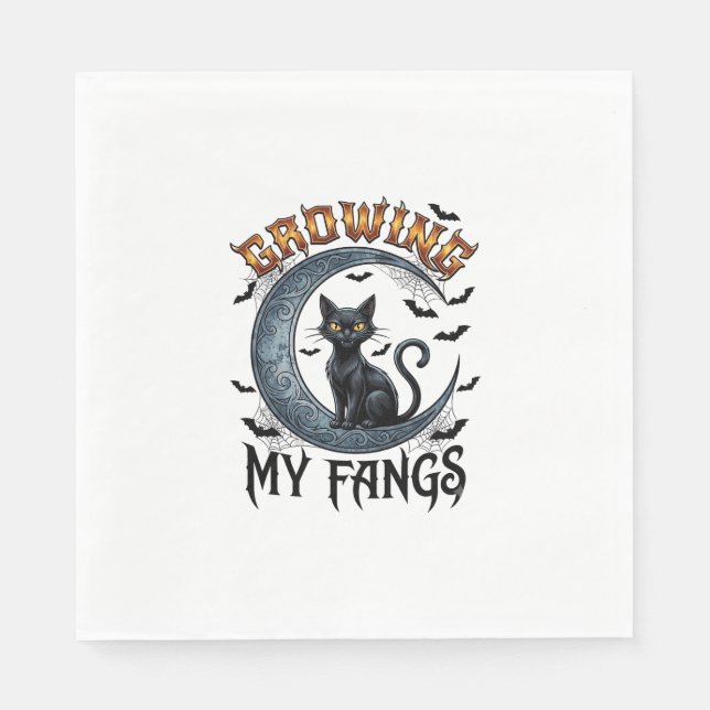 Growing Fangs Black Cat Crescent Moon Bats Hallowe Napkin (Front)