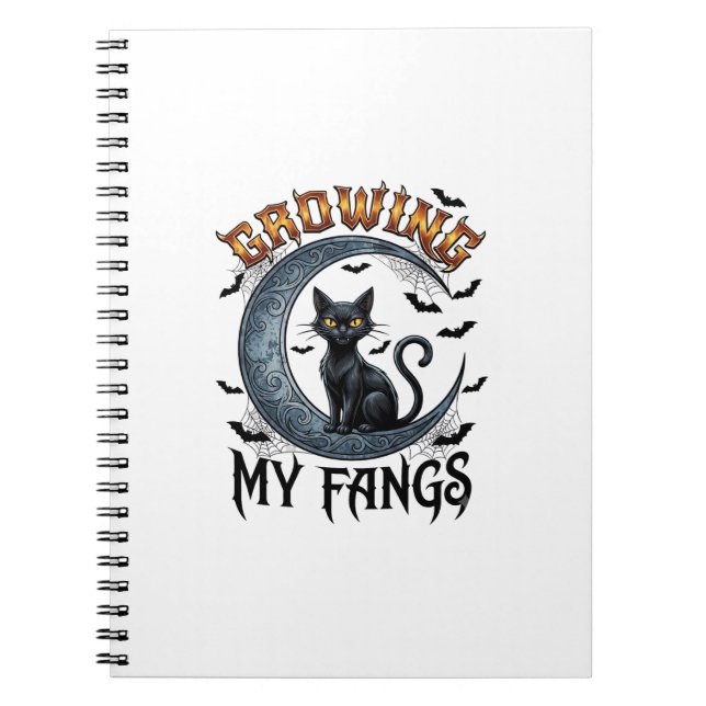 Growing Fangs Black Cat Crescent Moon Bats Hallowe Notebook (Front)