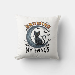 Growing Fangs Black Cat Crescent Moon Bats Hallowe Throw Pillow