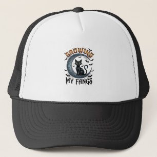 Growing Fangs Black Cat Crescent Moon Bats Hallowe Trucker Hat