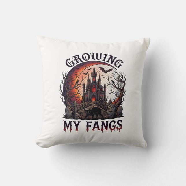 Growing Fangs Halloween Haunted Castle Black Cat M Throw Pillow (Front)