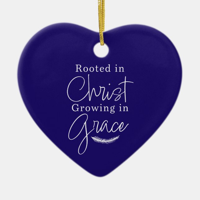 Growing in Grace Blue and White Heart Christmas Ceramic Ornament (Front)
