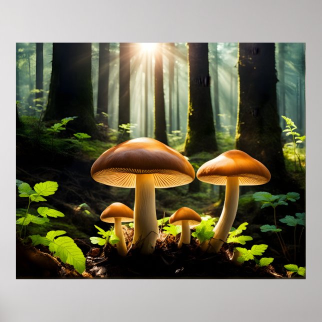 Growing mushrooms in forest poster (Front)