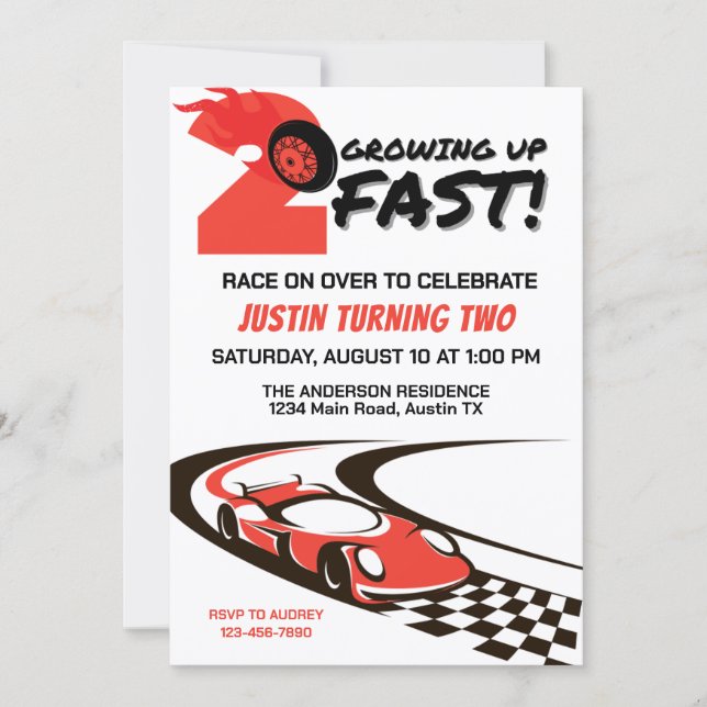 Growing Up 2 Fast Second Birthday Party Invitation (Front)