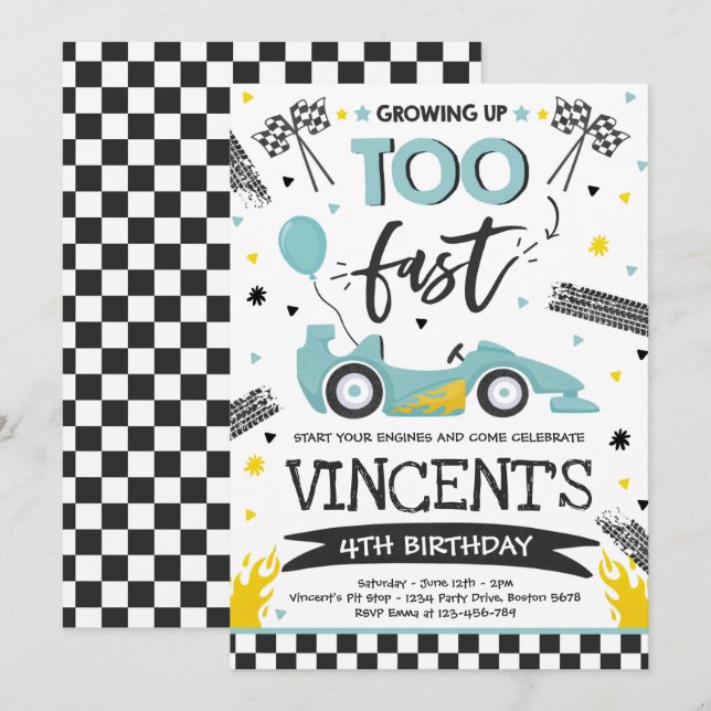 Growing Up Too Fast Blue Race Car Birthday Party Invitation (Front/Back)