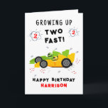 Growing Up Two Fast 2nd Birthday Kids Racing Cars Card<br><div class="desc">Growing Up Two Fast 2nd Birthday Kids Racing Cars Birthday Card Greeting Card features a cute and colourful racing cars with the text "Growing up two fast!" in modern typography script accented with the number 3 and doodles. Below "Happy Birthday" personalize with your name and add your custom message on...</div>