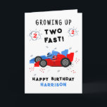 Growing Up Two Fast 2nd Birthday Kids Racing Cars Card<br><div class="desc">Growing Up Two Fast 2nd Birthday Kids Racing Cars Birthday Card Greeting Card features a cute and colourful racing cars with the text "Growing up two fast!" in modern typography script accented with the number 3 and doodles. Below "Happy Birthday" personalize with your name and add your custom message on...</div>