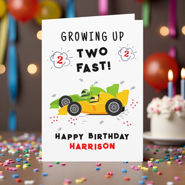 Growing Up Two Fast 2nd Birthday Kids Racing Cars Card (Creator Uploaded)