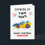 Growing Up Two Fast 2nd Birthday Kids Racing Cars Card<br><div class="desc">Growing Up Two Fast 2nd Birthday Kids Racing Cars Birthday Card Greeting Card features a cute and colourful racing cars with the text "Growing up two fast!" in modern typography script accented with the number 3 and doodles. Below "Happy Birthday" personalize with your name and add your custom message on...</div>