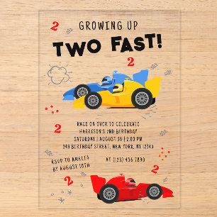 Growing Up Two Fast 2nd Birthday Race Cars Acrylic Invitations