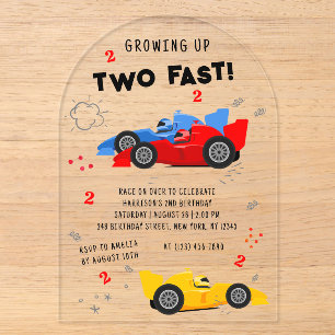 Growing Up Two Fast 2nd Birthday Race Cars Acrylic Invitations