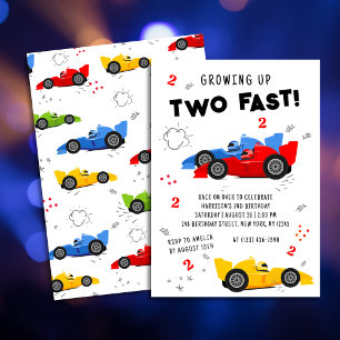 Growing Up Two Fast 2nd Birthday Race Cars Invitation