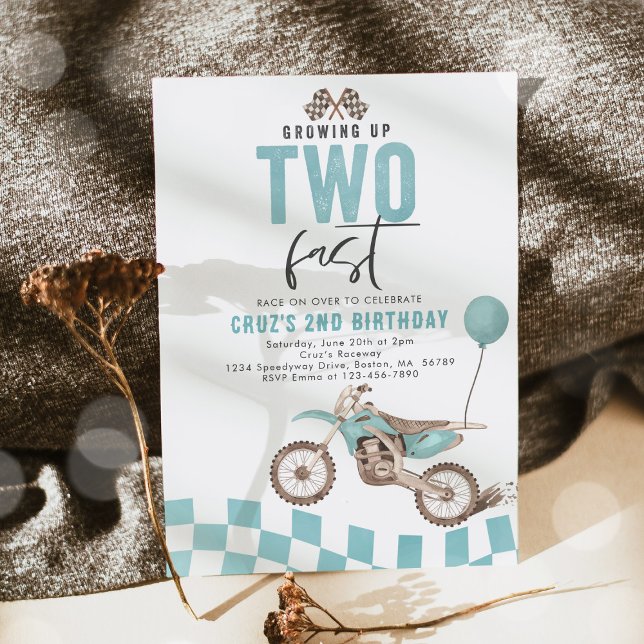 Growing Up Two Fast Blue Dirt Bike Boy Birthday Invitation (Creator Uploaded)