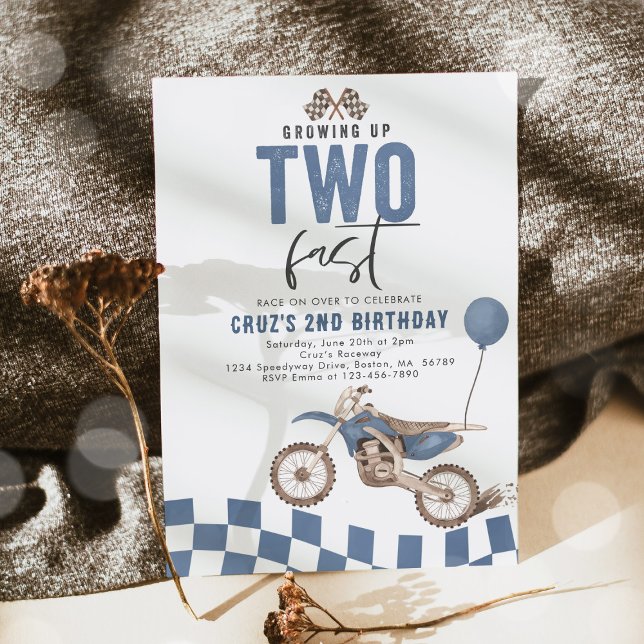 Growing Up Two Fast Blue Dirt Bike Boy Birthday Invitation (Creator Uploaded)