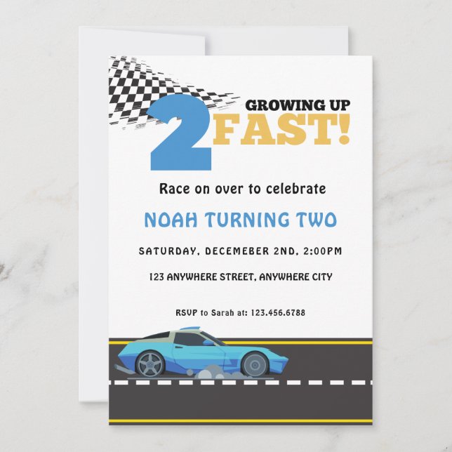 Growing Up Two Fast Blue Race Car Birthday Party Invitation (Front)