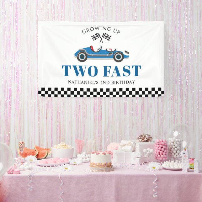 Growing up Two Fast Blue Racing Car Birthday Banner (Party)