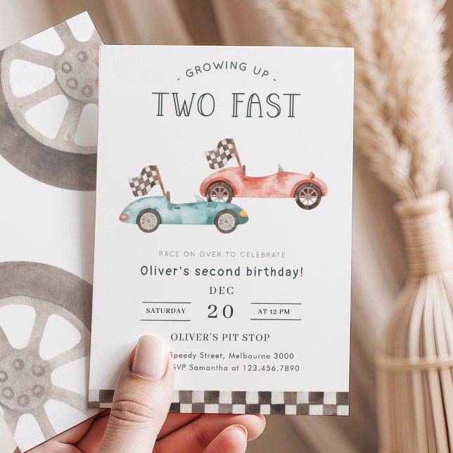 Growing Up Two Fast Blue & Red Race Car Birthday Invitation (Creator Uploaded)