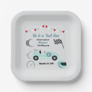 Growing Up Two Fast Festive Blue Race Car Birthday Paper Plate
