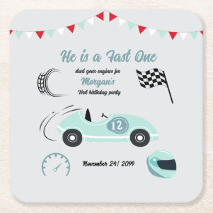 Growing Up Two Fast Festive Blue Race Car Birthday Square Paper Coaster