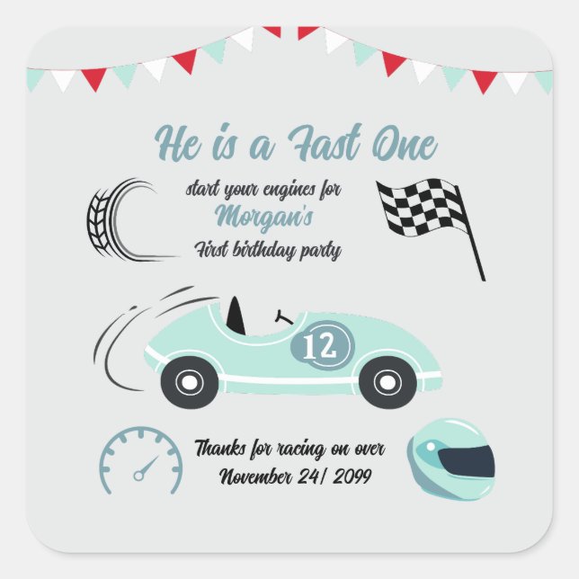 Growing Up Two Fast Festive Blue Race Car Birthday Square Sticker (Front)