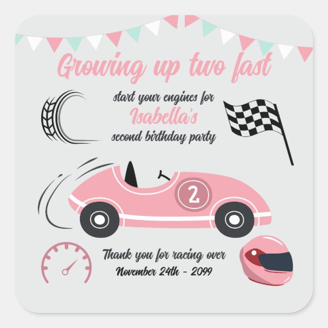 Growing Up Two Fast Festive Pink Race Car Birthday Square Sticker (Front)