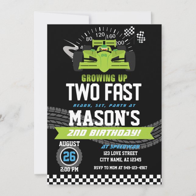 Growing up Two Fast Green Race car 2nd birthday Invitation (Front)