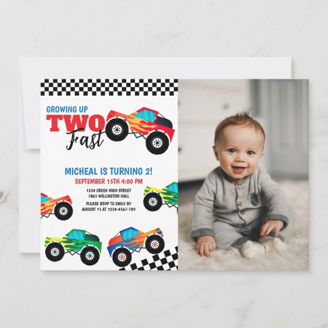 Growing Up Two Fast Monster Truck Photo Birthday  Invitation (Front)