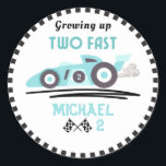 Growing Up Two Fast Race Car Blue Boy 2nd birthday Classic Round Sticker<br><div class="desc">"Race to Two: A Turbo-Charged Birthday Extravaganza!" Strap in for a thrilling birthday ride! The 'Growing Up Too Fast' design featuring a cool blue racing car is perfect for your 2-year-old speedster. "Start your engines to celebrate" and customize the details to make it uniquely yours. Get ready to host a...</div>