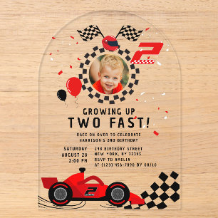 Growing Up Two Fast Race Car Photo 2nd Birthday Acrylic Invitations