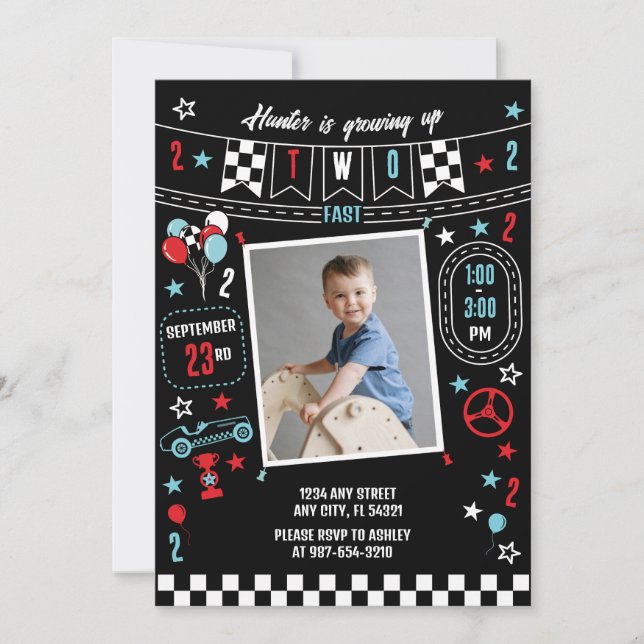 Growing Up Two Fast Racing Birthday Invitation (Front)