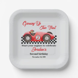 Growing up Two Fast Red Race Car 2nd Birthday Paper Plate