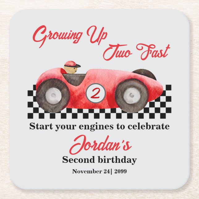 Growing up Two Fast Red Race Car 2nd Birthday Square Paper Coaster (Front)